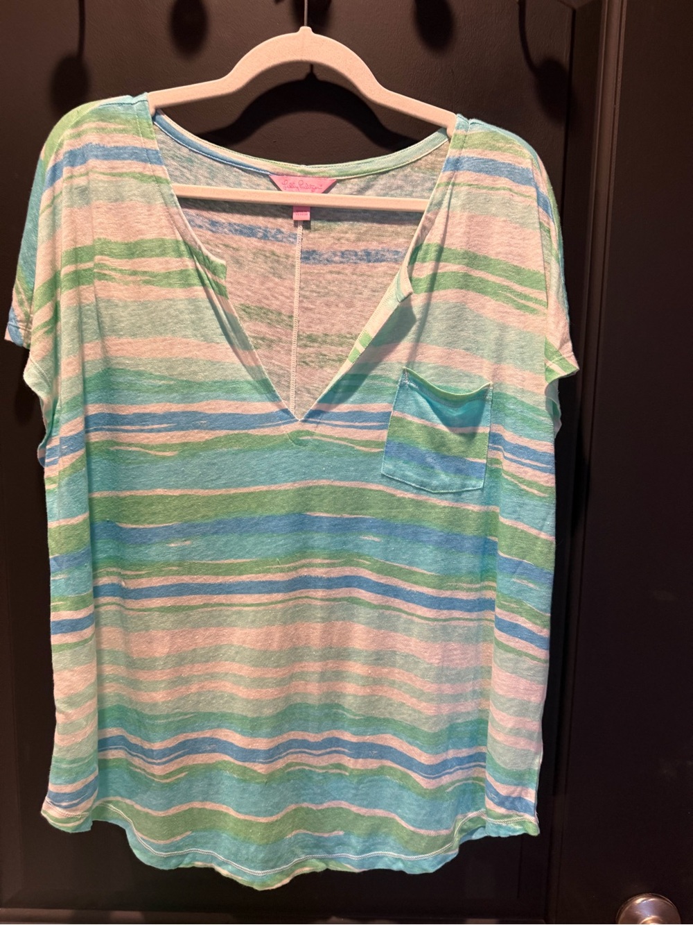 Lilly Pulitzer Mint & Blue Striped V-Neck Pocket Tee